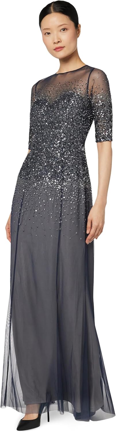 Adrianna Papell Women's Beaded Illusion Dress | Long Sequin Evening Dress with Fitted Bodice & Tulle Skirt Overlay