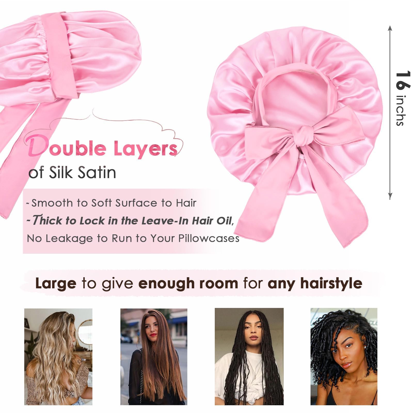 YANIBEST Silk Bonnet for Sleeping Women Satin Bonnet Double Layer Satin Lined Hair Bonnet with Tie Band Curly Hair Pink - Image 2