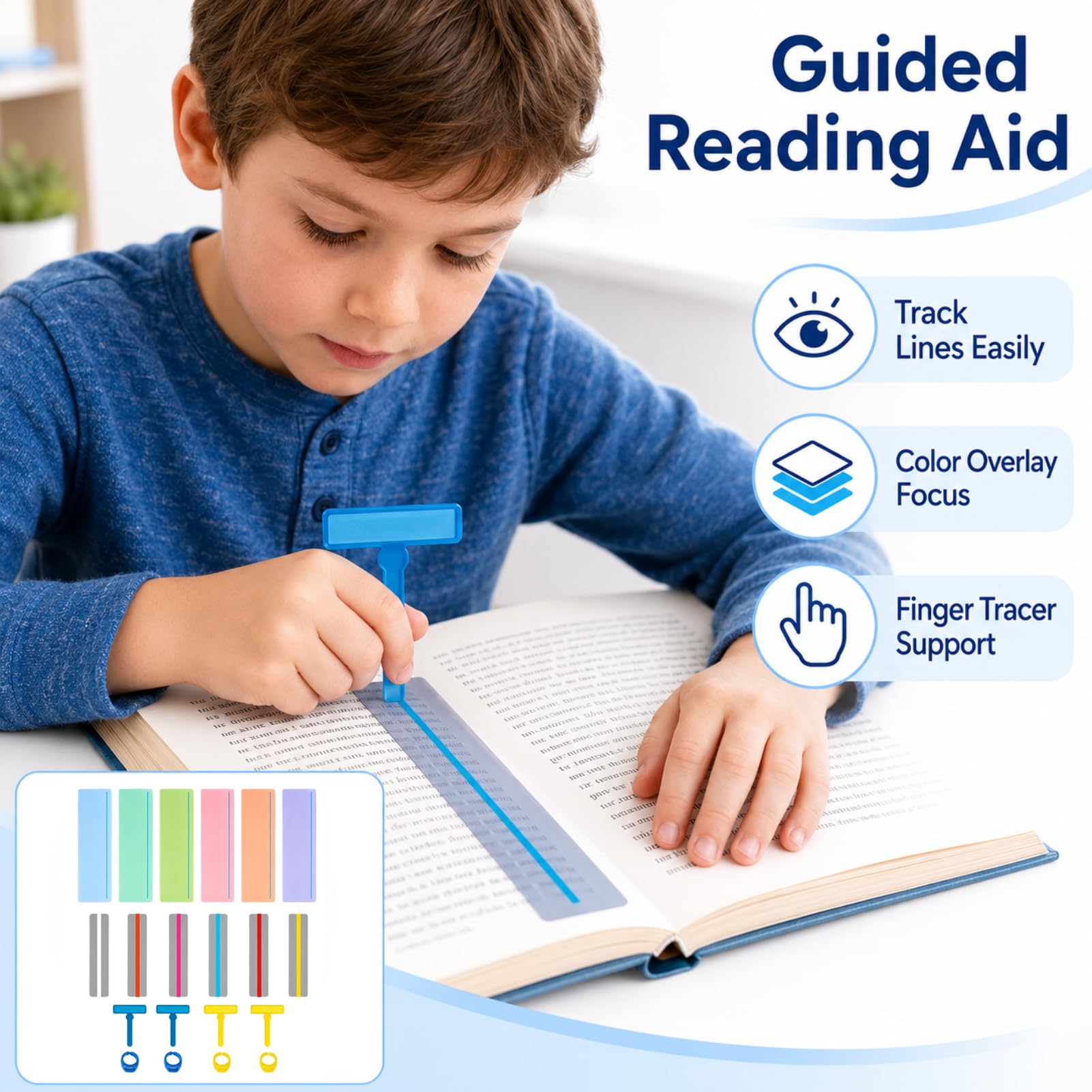16 Piezas Tiras de Lectura Guiada, Incluir Regla de Seguimiento, Brazalete para Dislexia, Rastreador de Dedos, Varios Colores, para Facilitar la Lectura, Aliviar Estrés Visual