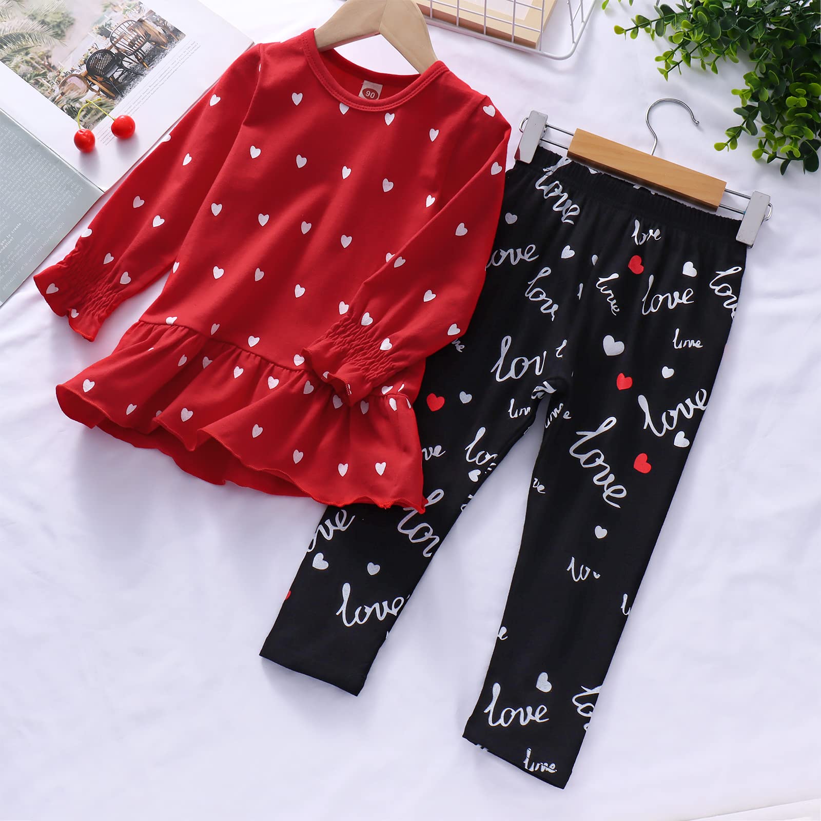CM C&M WODRO Baby Girl Clothes Valentines Day Toddler Outfit Love Shirt Ruffle Long Sleeve Sweatshirts Top Pants Legging Set 1-5T (Red, 3-4T)
