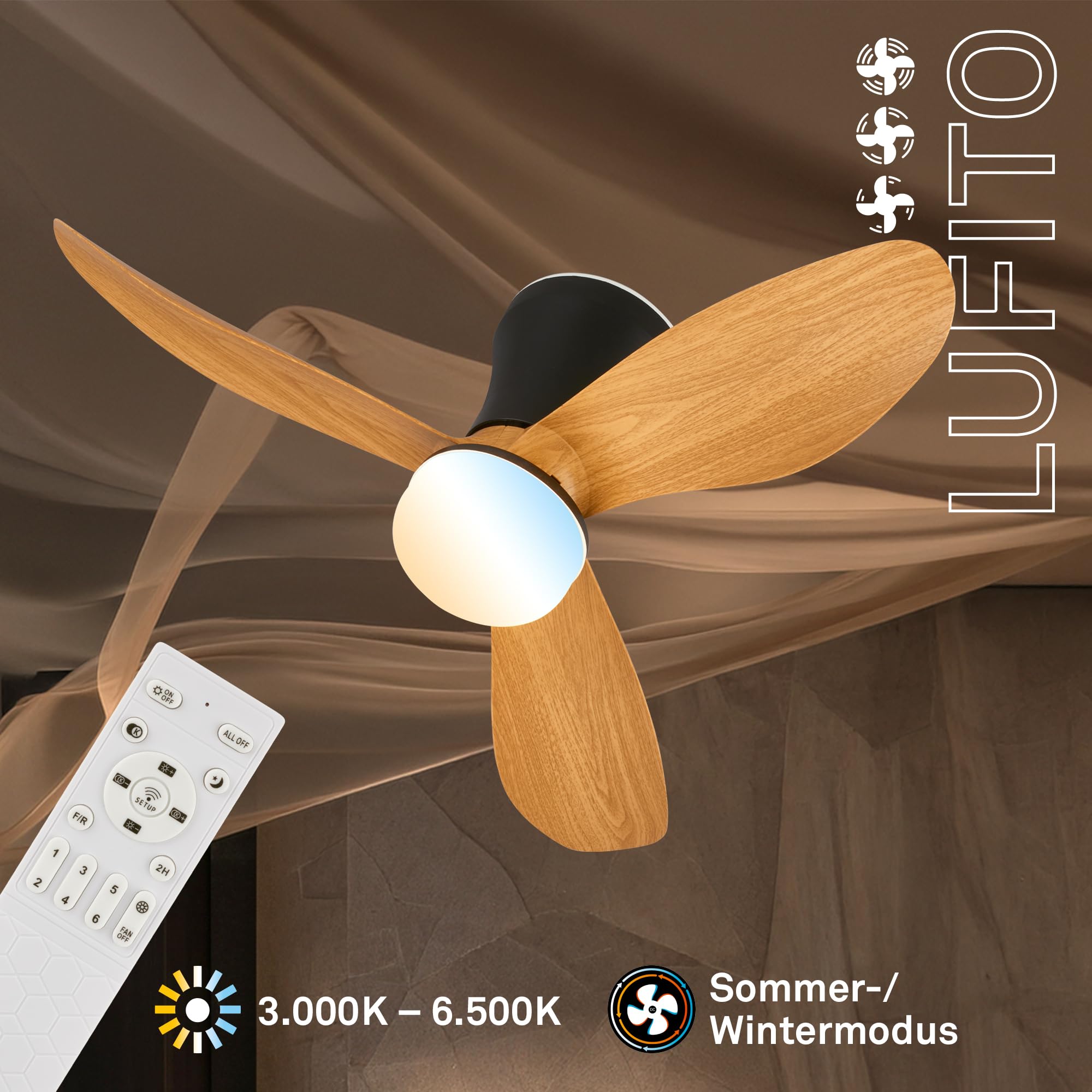 BRILONER - LED Deckenventilator mit Beleuchtung, Fernbedienung, Leiser DC-Motor, 3 Geschwindigkeiten, CCT, Dimmbar, Lampe mit Ventilator, Ventilator Deckenleuchte, Deckenlampe, 78x26 cm, Schwarz-Holz