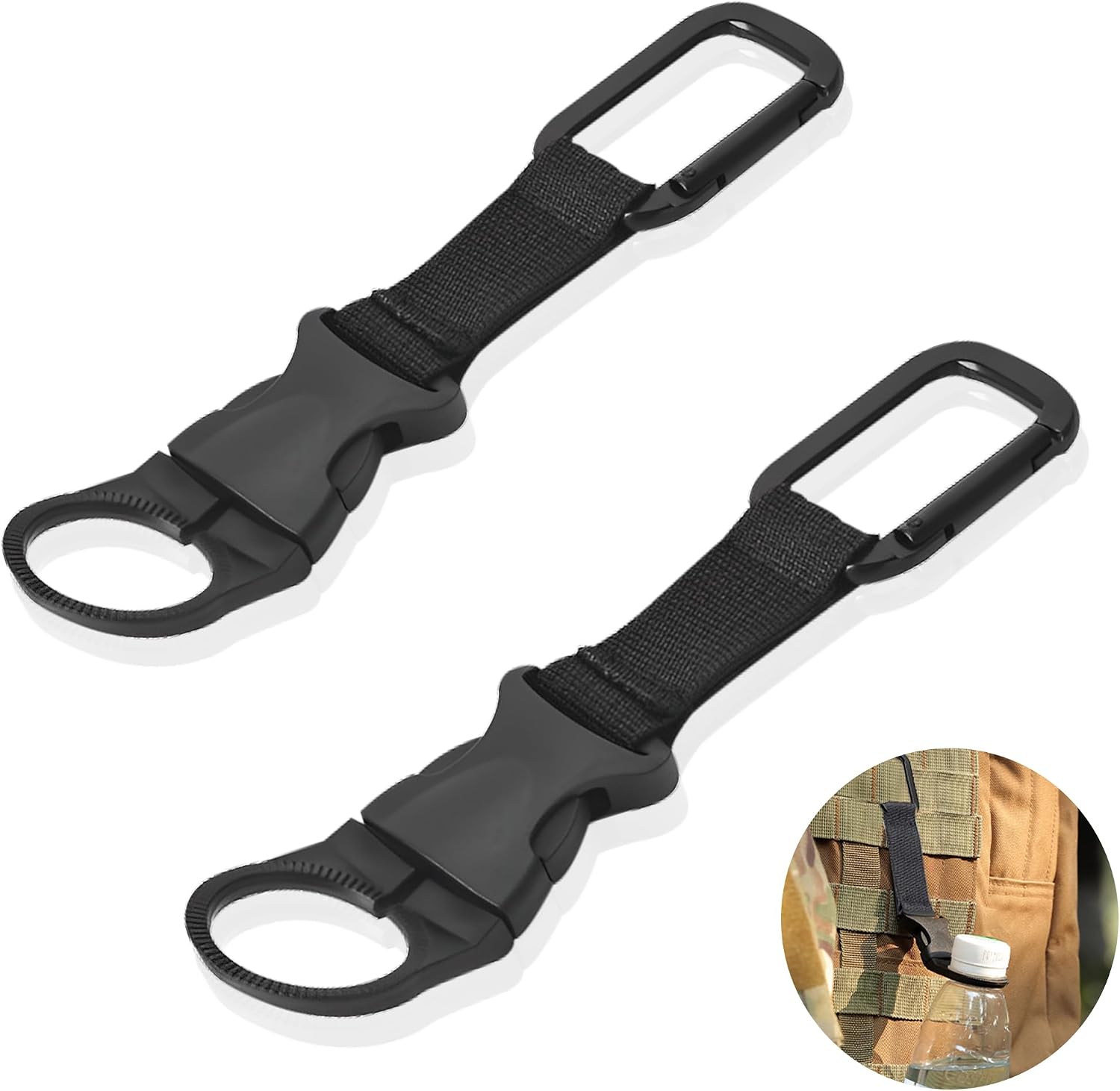 ZXZone 2PCS Bottle Buckle Clip Hanging Buckle Portable Water Bottle Ring Holder Keychain Mineral Water Bottle Clip for Backpack Belt Nylon Webbing Strap for Outdoor Tactical Camping Hiking(Black)