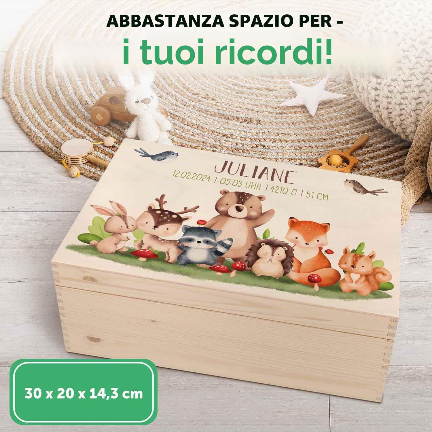 GRAVURZEILE Scatola dei ricordi personalizzata per neonati – animali della foresta – Personalizzata con nome e data – Scatola di legno per ragazze e ragazzi – Regalo per nascita – Scatola dei ricordi