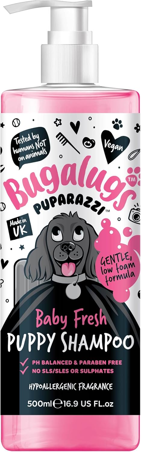 Bugalugs Puparazzi Baby Fresh Puppy Shampoo – łagodny szampon dla szczeniąt dla psów od 8 tygodni, z aloesem, owsem i nagietkiem, delikatna pielęgnacja sierści i wrażliwej skóry