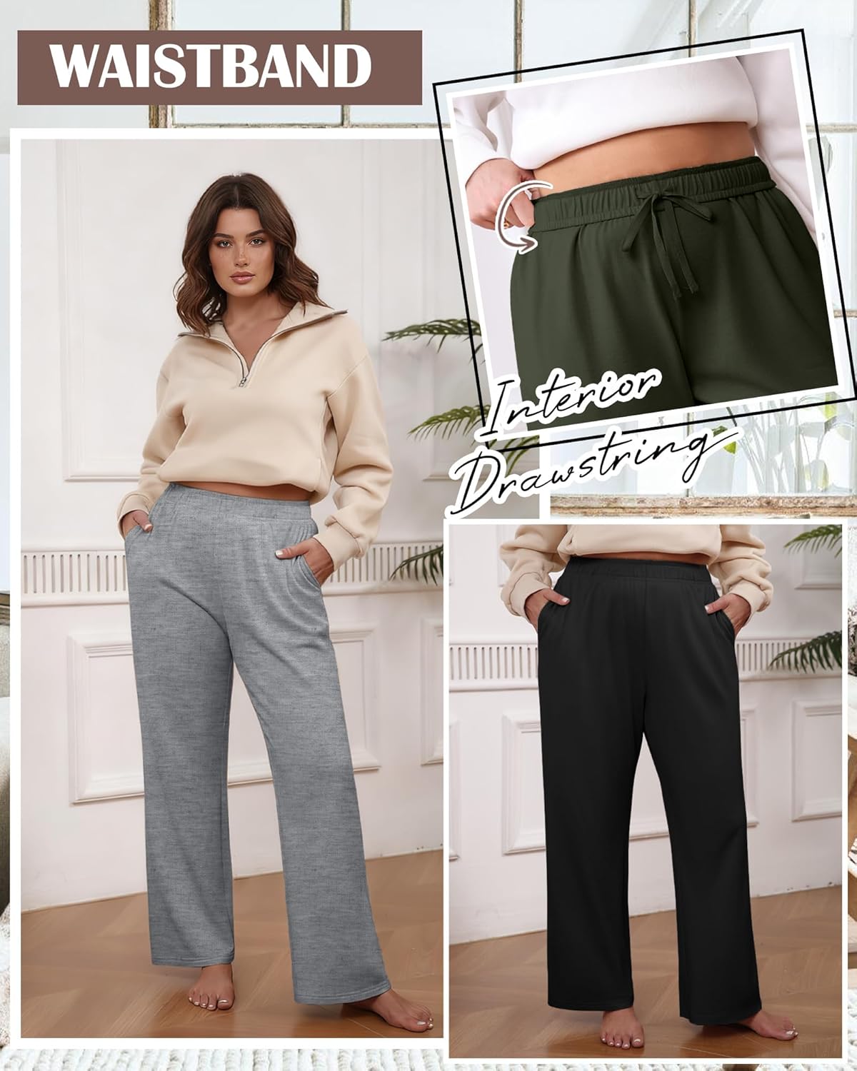 3 Pack Women's Plus Size Sweatpants Casual Wide Leg Interior Drawstring High Waist Yoga Baggy Pants with Pockets - Image 4