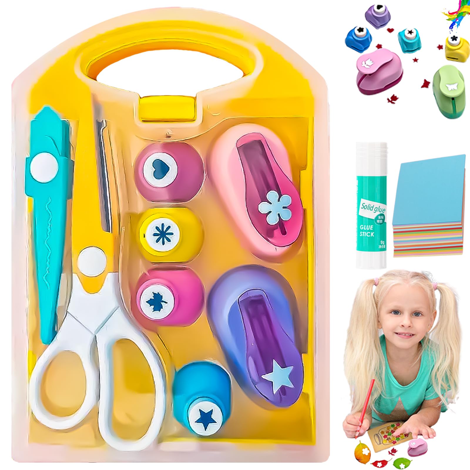 Creative Kids DIY Puncher Craft Set, craft scissors and hole punch set, Craft Hole Punch Shapes Set for Kids, Shape Cutters for Crafts, Leaf, Butterfly, Star Heart Flower Punch DIY Projects (Set-A)