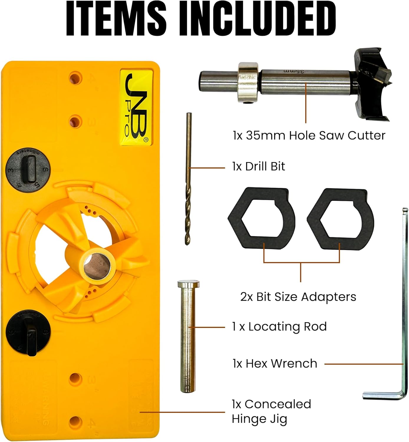 JNB Pro Concealed Hinge Jig Kit with 35mm Carbide Drill Bit, Hidden Door Hinge Template, Cup/European Style Hinges Easy Installation Tool for Kitchen Cabinet Doors