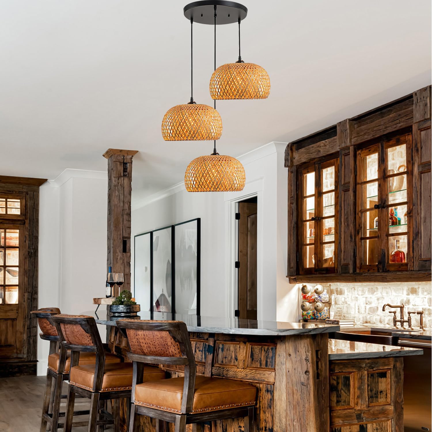 Rattan Chandelier Lighting 3-Light Wicker Pendant Light Bohemia Hand Woven Bamboo Shades Vintage Mid Century Pendant Lights for Kitchen Island Farmhouse Dining Table