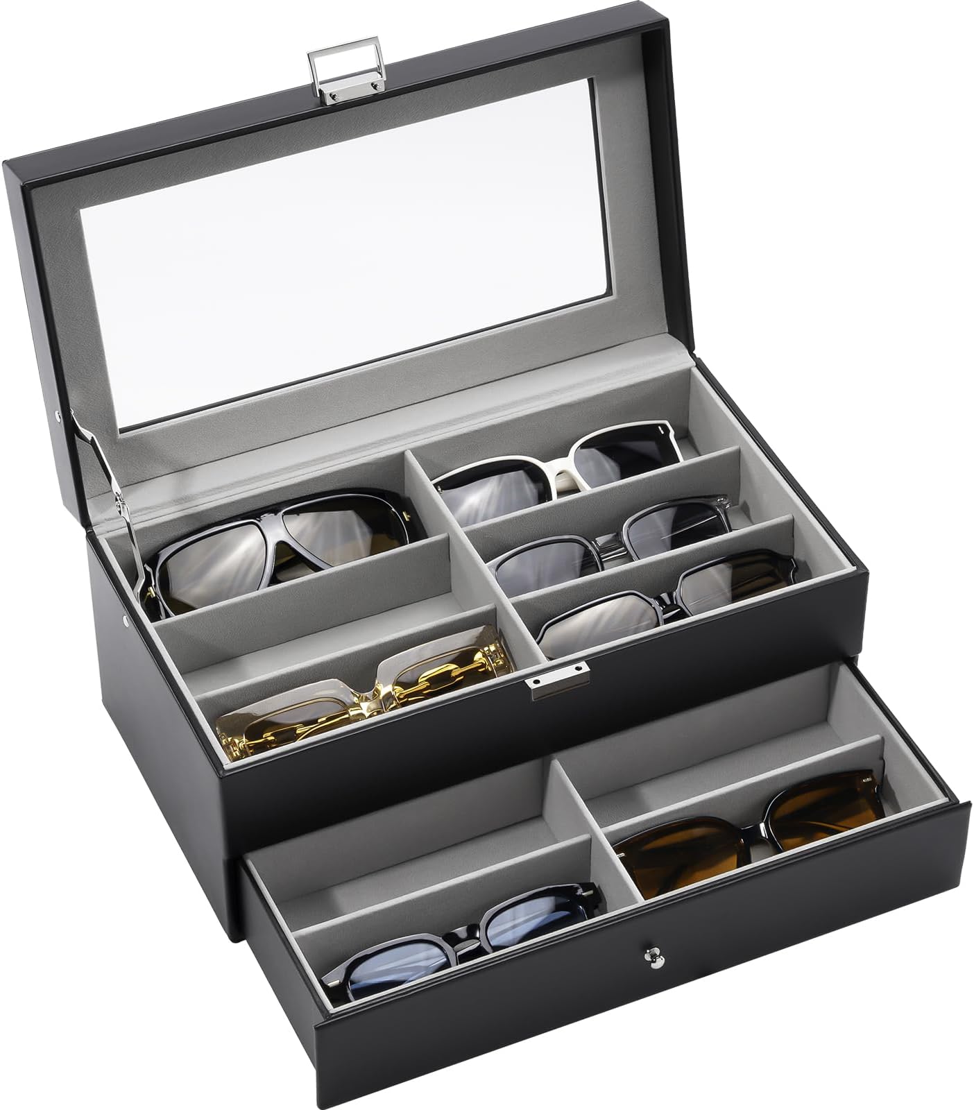 ProCase 12 Slots Sunglasses Organizer Case Box for Women Man, Sunglass Eyeglass Eyewear Storage Display Case, 2-Layer with Drawer Glass Lid, Glasses Collector Box -Black