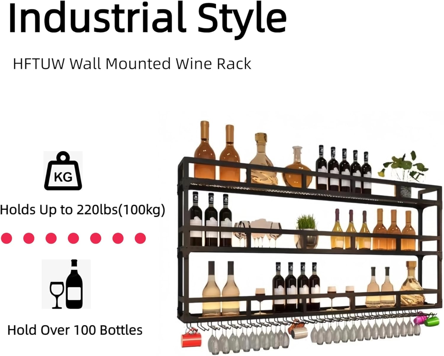 3-Tier Wall Mounted Wine Rack with LED Light, Stylish Wall Bar Shelves for Liquor Bottles & Hanging Glasses, Bar Shelves Wall Mounted for Kitchen, Dining Room & Home Bar(Black, 100