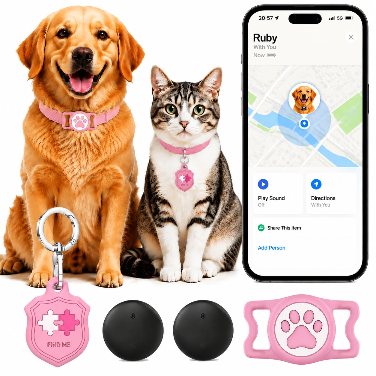 Localizzatore GPS per cani e gatti con Apple Find My (rosa)