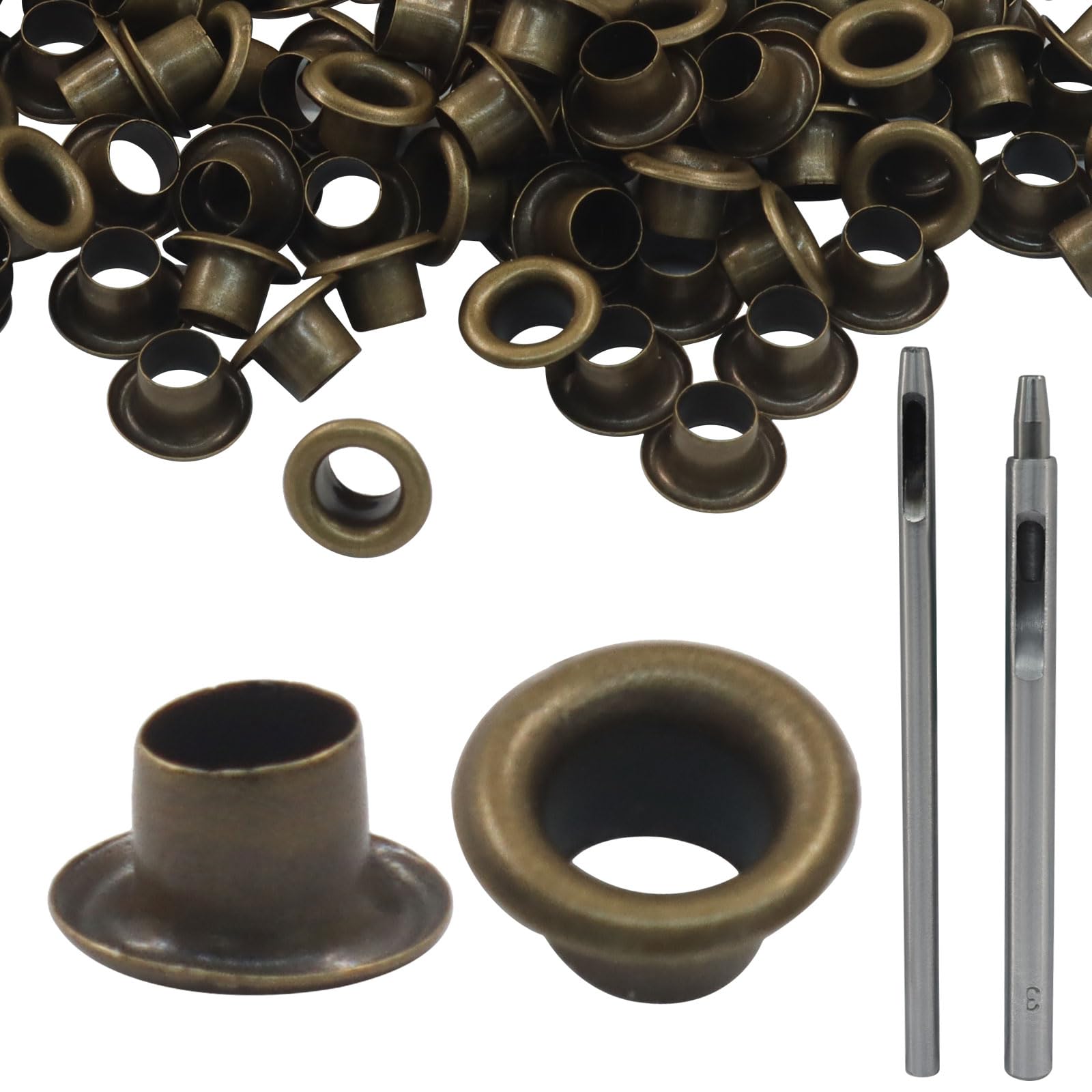 Grommets Eyelets, 1/8 Inch (3mm) ID Hole Self Backing Metal Eyelet for Repairing Bag Shoes Hats Tents Canvas Clothes Leather Fabric - 200 Pieces Antique Brass-image-44