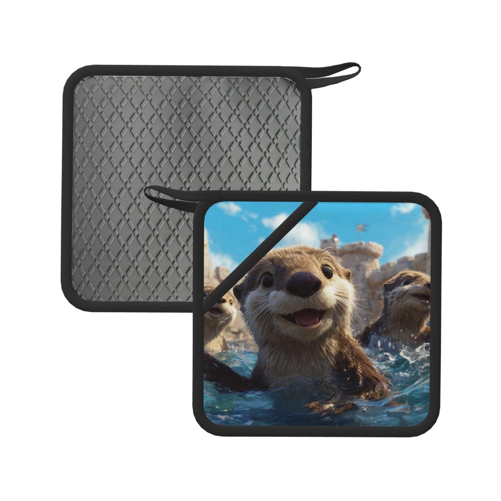 Pot Holders Set of 2 Kitchen Heat Resistant Potholders Lovely Sea Otter Print Silicone Aunty-hot Pad Cotton Lining Oven Hot Pads for Cooking Baking BBQ Microwave Kitchen