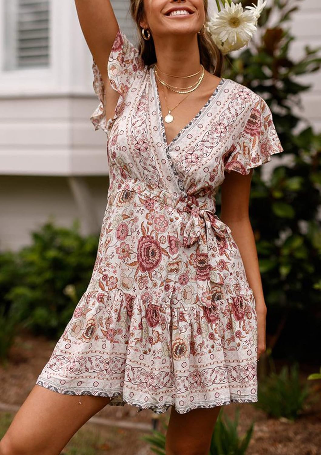 R.Vivimos Women Summer Short Sleeve Casual Bohemian Beach Ruffle Floral Print Bow Tie Short Sun Dress - Image 3