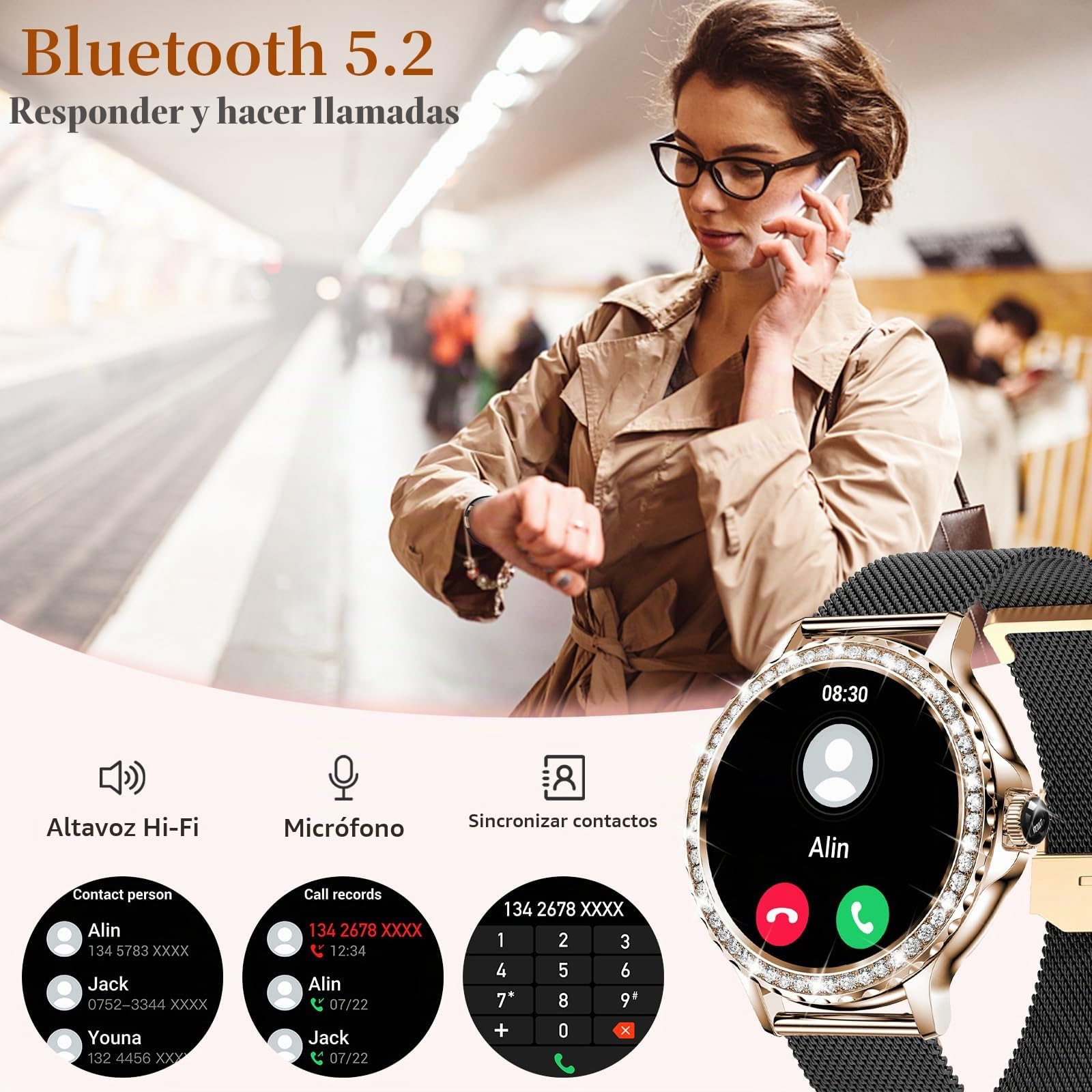 Reloj Inteligente Mujer con Llamadas, 1.3" HD Smartwatch Mujer Redondo con 2 Correas, Función Femenina, Monitor Sueño, SpO2, Caloría, Pulsómetro, IP68 Relojes Inteligentes para Android iOS, Negro