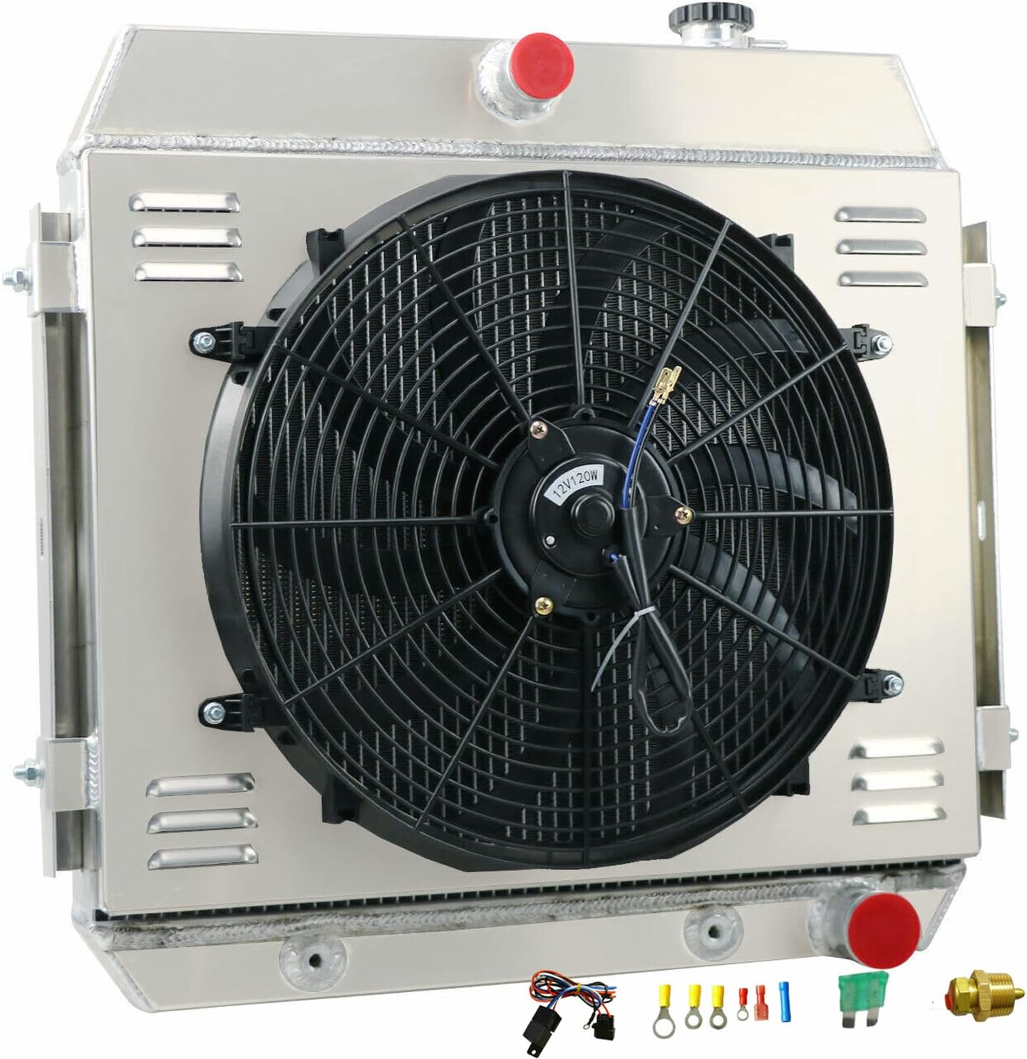Aluminum Radiator For 1955 1956 1957 Chevy Bel Air One-Fifty Series Two-Ten Sedan Delivery Del Ray Nomad V8 MT MT 55 56 57 Radiators 4 Row Core Shroud Fan Relay