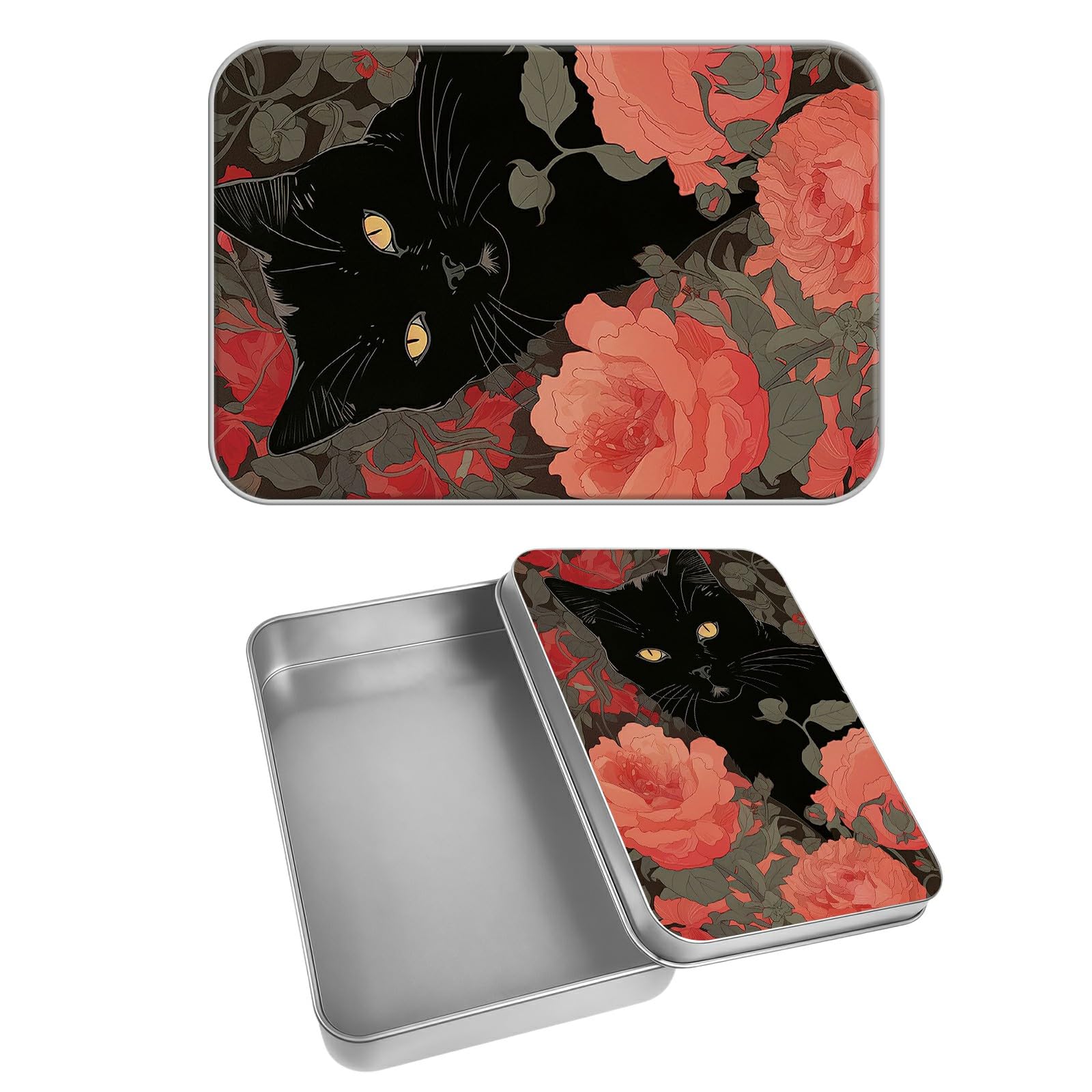 Rectangular Metal Tin Box with Removable Lid, Garden Black Cat Decorative Printed Metal Storage Container for Cards, Diaries, Home Organization 4.53 x 3.35 x 0.86 inch– Single Pack