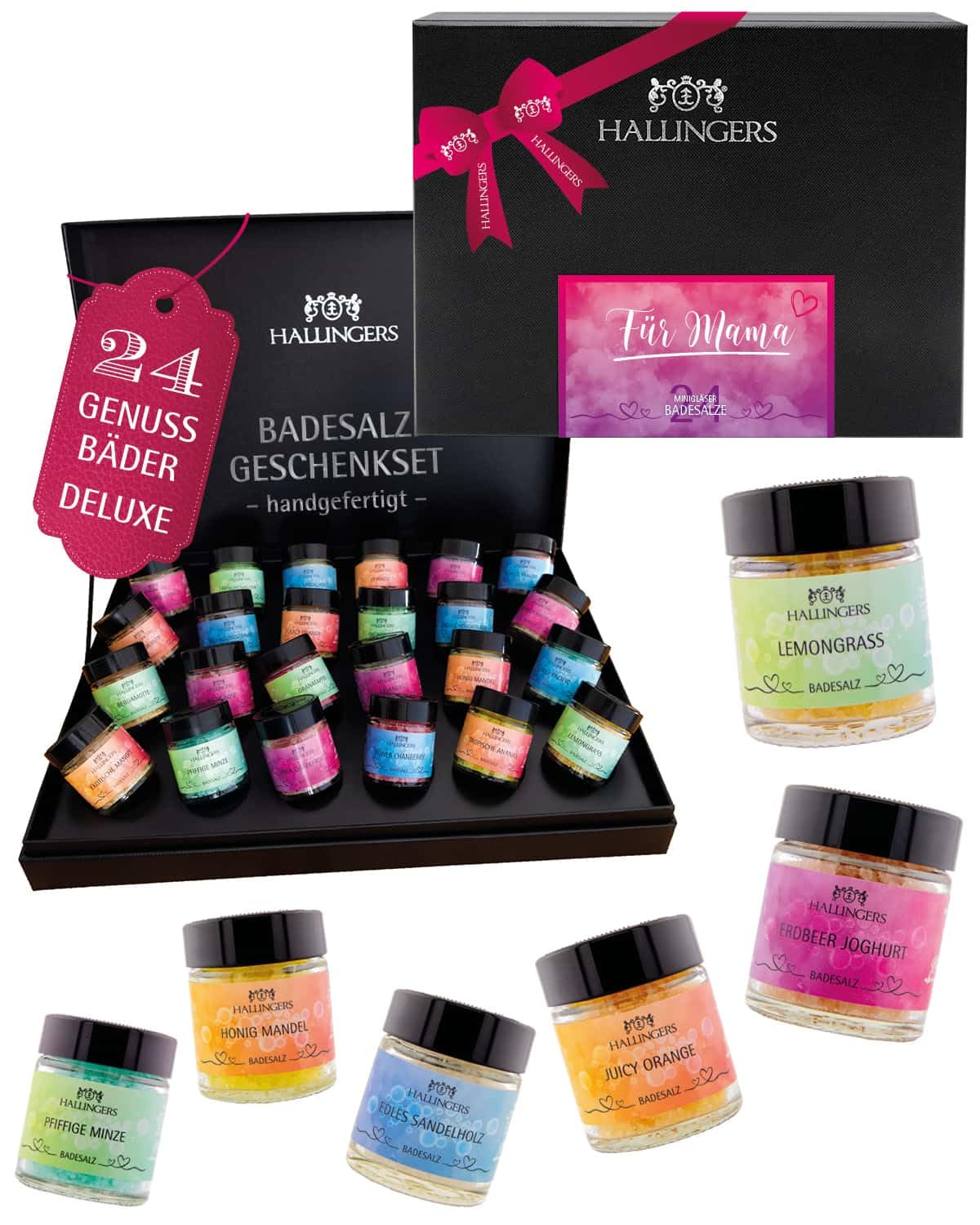 Hallingers Genuss Manufaktur Badesalze Muttertagsgeschenk-Set - 24x Badezusatz mit Totes Meer Badesalz Geschenkbox, Badekristalle Fußbad & Spa ""Für Mama"", Geschenkidee für Mama Oma