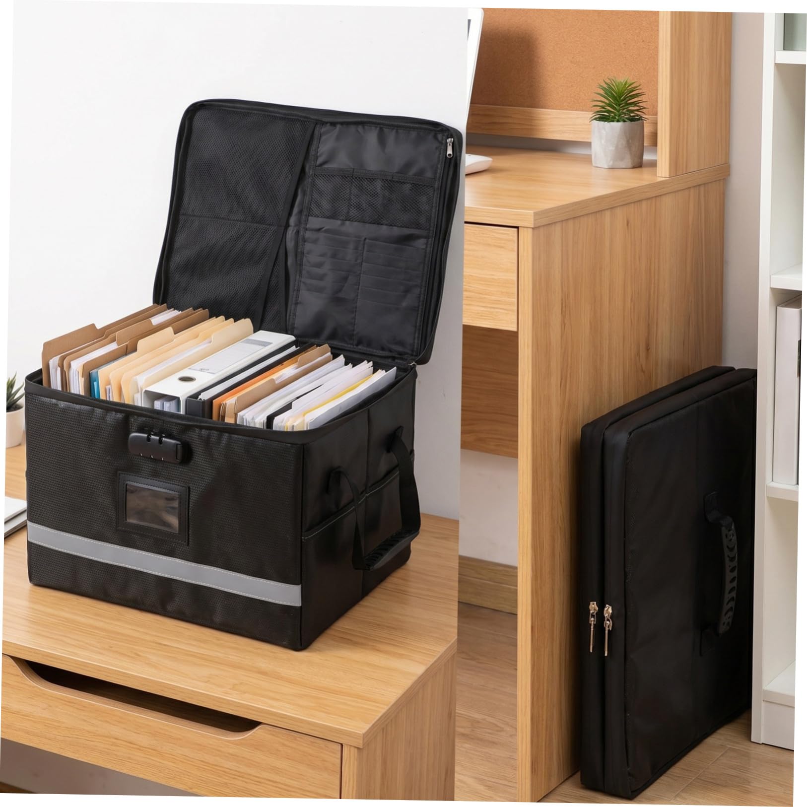 Faltbare Aktenbox Platzsparende Aufbewahrung aus Polyester und Kunststoff mit Schloss Griff und Reißverschluss Schwarzer Ordner mit Deckel und Fächern für Büro und Zuhause