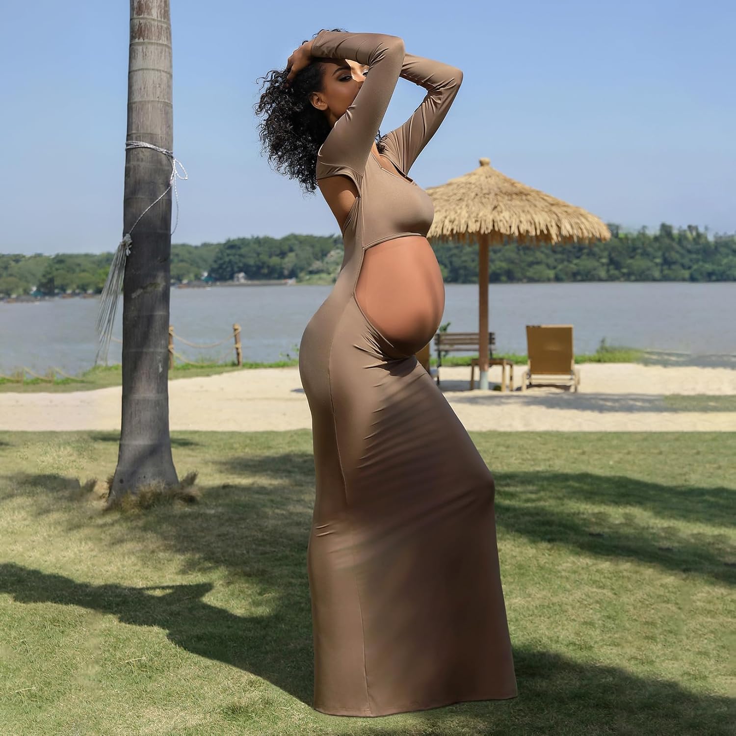 Bhome Maternity Photoshoot Dress Long Sleeve Sexy Cut-Out Backless Maternity Maxi Gown Photography Outfits - Image 3