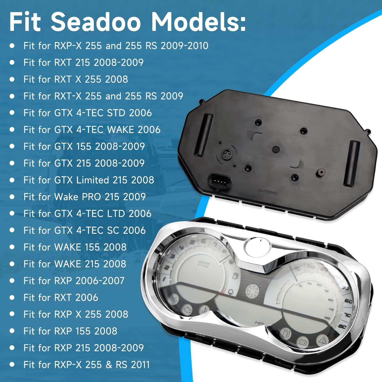 278002270 - Tachimetro LCD digitale per Jet Ski con cluster di strumenti per Seadoo GTX RXP RXT Wake 278002328 278002326 278002319 278002317 con 278002144 Cornice cromata