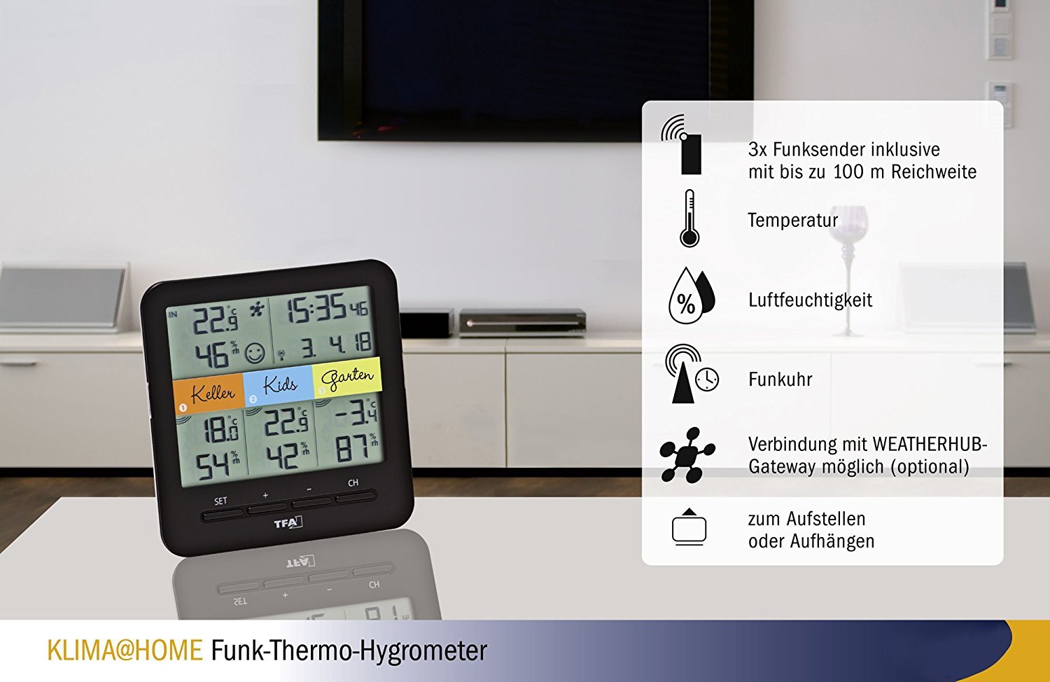 TFA Dostmann 30.3060.01 Klima Home Termometro/Igrometro Radio-Controllato (Nero con batterie)