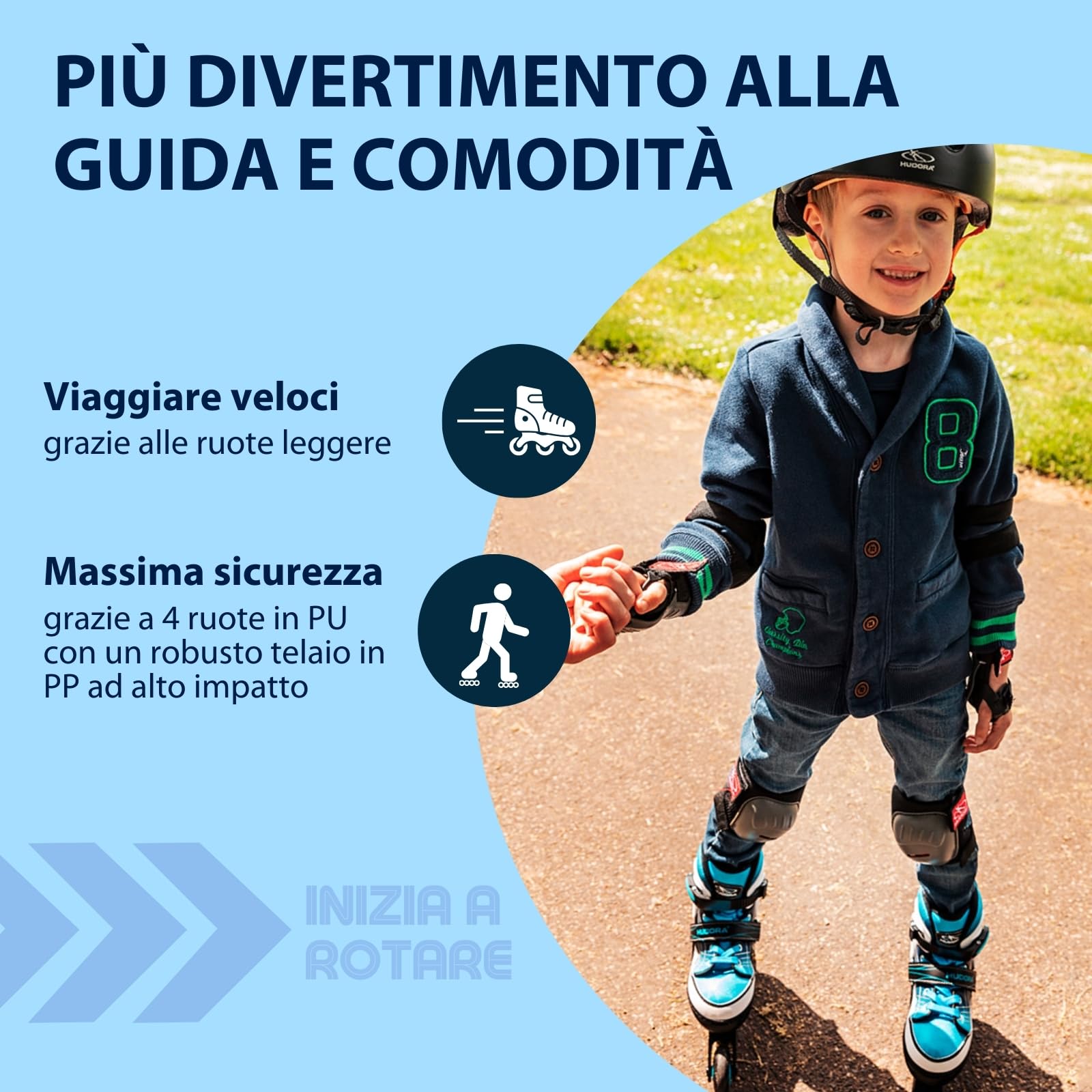 HUDORA Pattini in linea Basic blue/mint - Pattini in linea per bambini e ragazzi in diverse misure - Pattini a rotelle regolabili su 4 misure - Ideali per iniziare con un modello di qualità