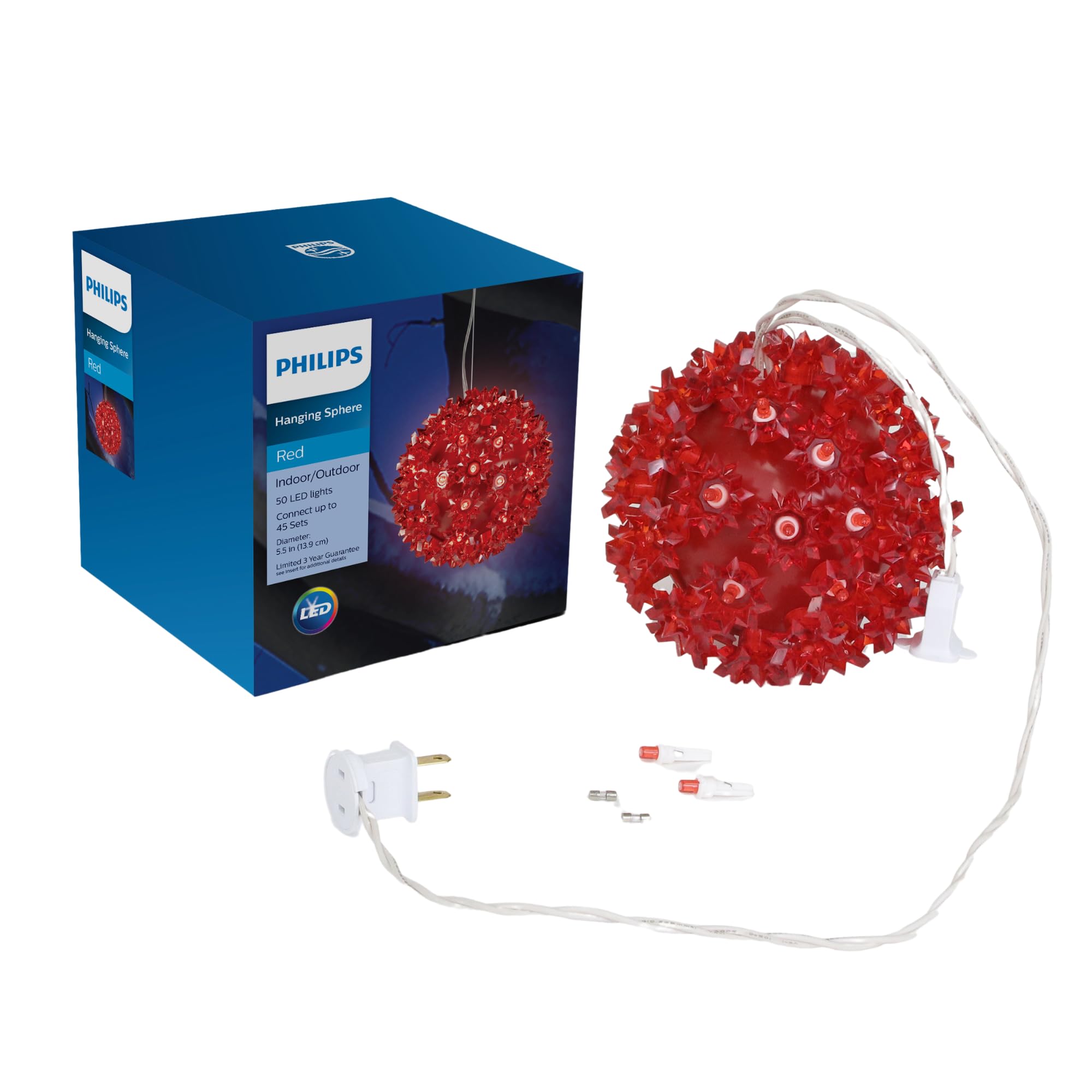 Philips Red 5.5" Hanging Sphere Light with 50 LED Bulbs - UL Listed for Indoor/Outdoor Use - 50 Mini LED Bulbs in Hanging Ball - Winter Decoration for Parties