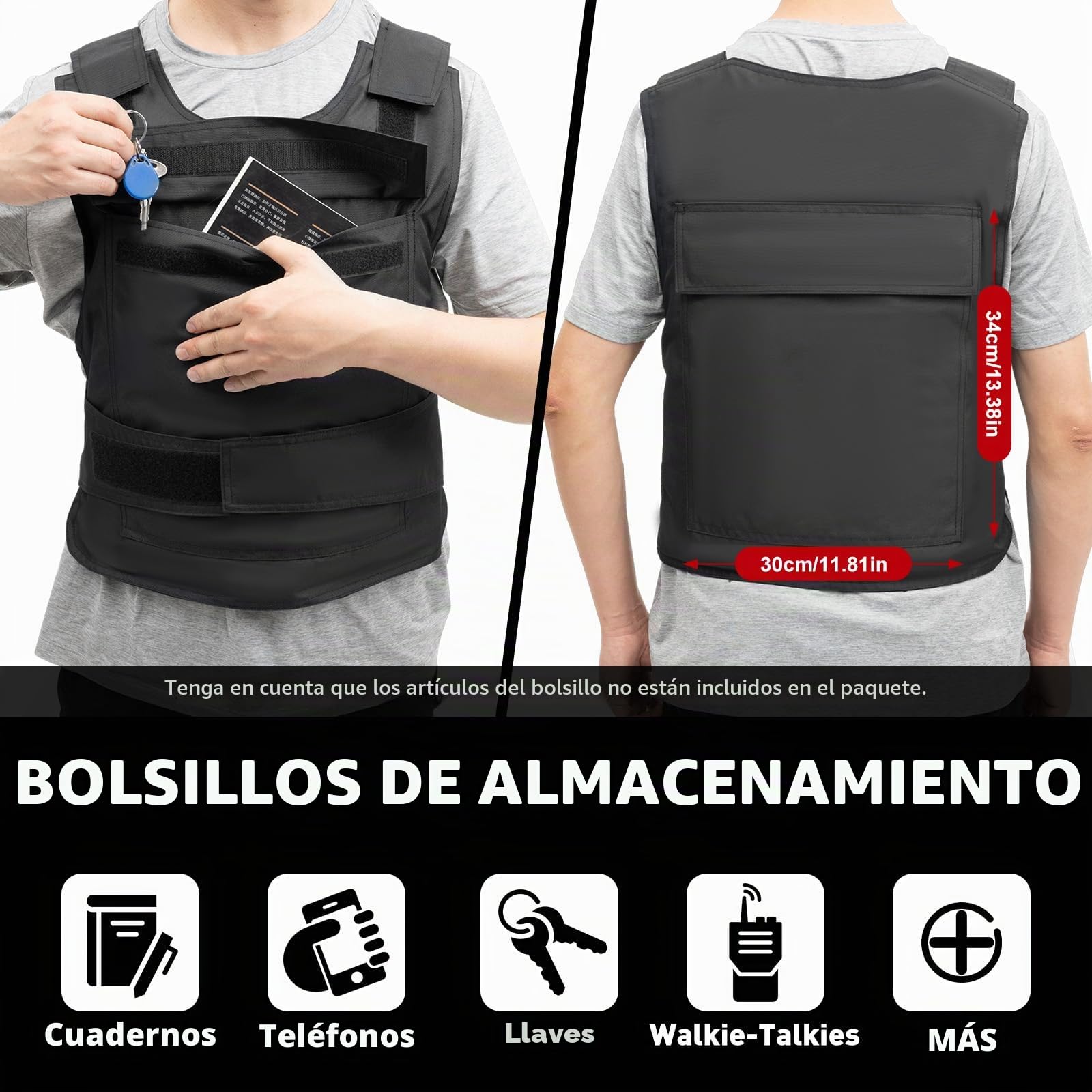 Chaleco antipuñaladas, chaleco de protección de seguridad, chaleco táctico a prueba de puñaladas, correa ajustable para el hombro/correa de cintura, con guantes + bolsa de almacenamiento, Negro