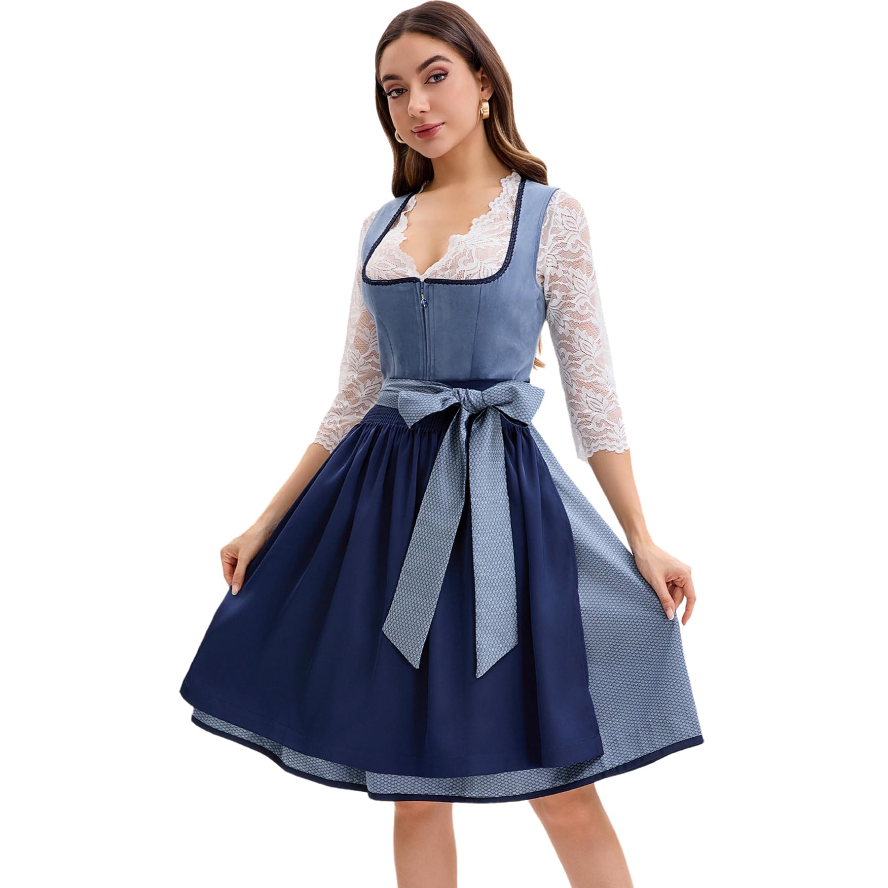 Goxozzy Dirndl Damen Midi aus Samt mit Dirndlschürze für das Oktoberfest Lang Trachtenrock Größen 34-44 Rocklänge 60cm Blau​ (DE/NL/SE/PL, Numerisch, 34, Regular, Regular, Blau)