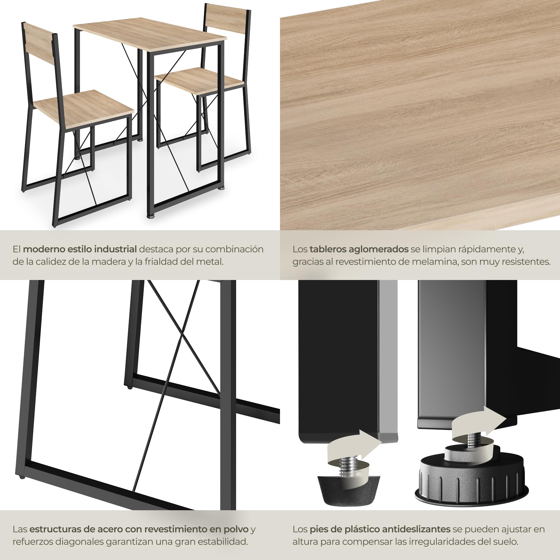 tectake Conjunto de Comedor, Juego de Dos sillas y Mesa para el salón, Conjunto de Asientos para la Cocina, Set de Muebles de Interior (Madera Industrial Clara)