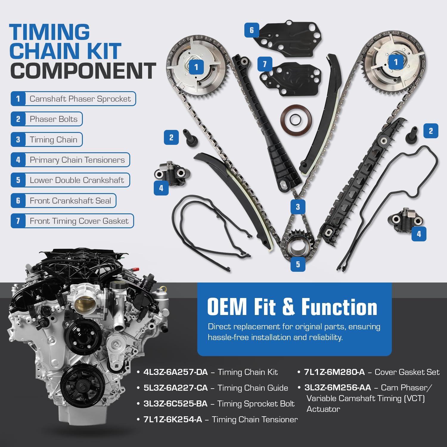 Timing Chain Kit with Tensioner Guides Cover Gaskets Cam Phaser Engine Variable Camshaft Timing Cam Phaser VCT VVTi Actuator Timing Sprocket Bolt Gaskets For Ford TRITON 3-Valve F150 F250 Expedition