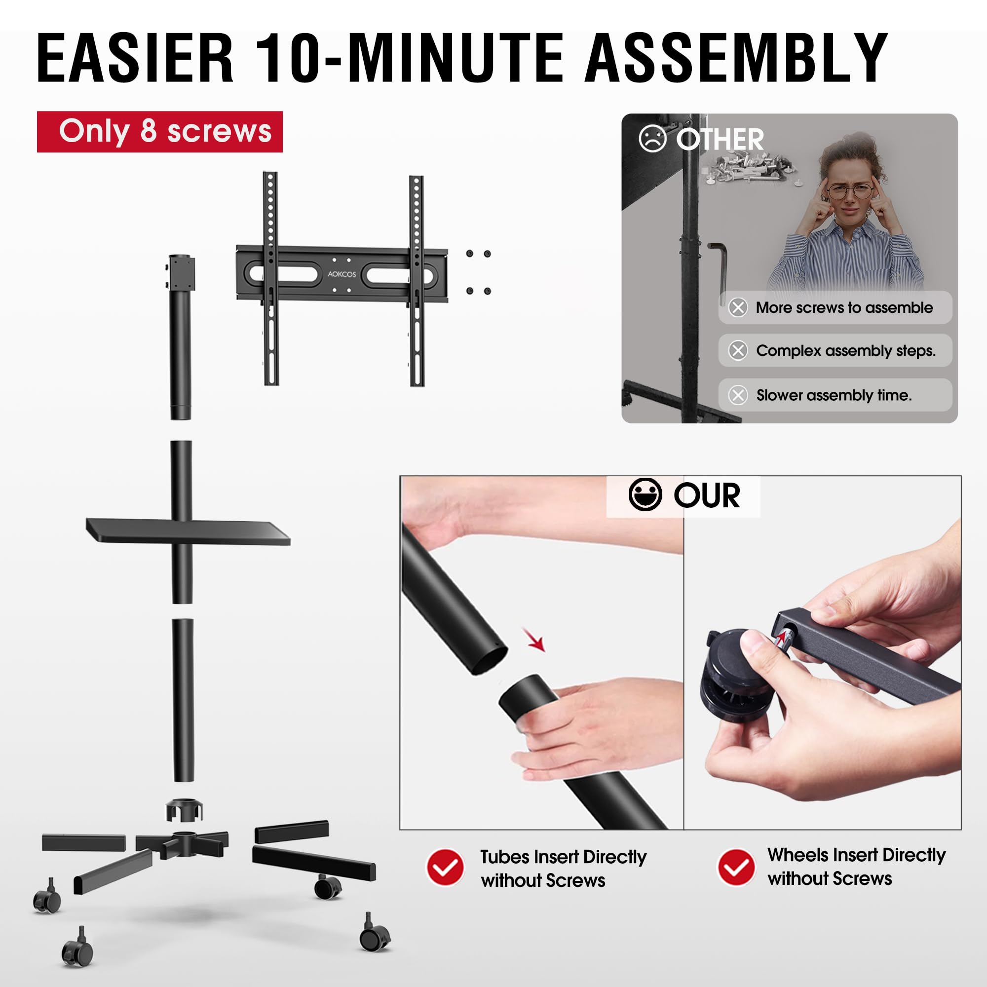 AOKCOS Carrello Porta TV con Ruote per 32-65 Pollici, Supporto TV da Pavimento Altezza Regolabile Inclinabile, Mobile Porta TV da Terra Max VESA 400x400mm 40kg