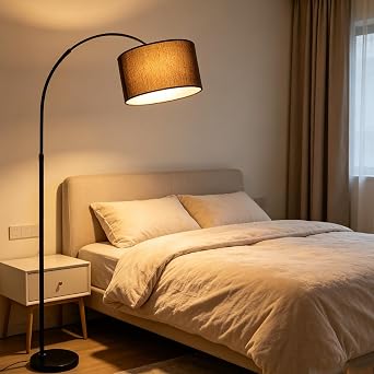 Modern Arc Floor Lamp with Linen Fabric Shade & with 3 Color Temperatures Adjustable Height, Marble Base E27 Socket Standing Lamp Black Floor Lamp for Living Room BedroomBulb Included