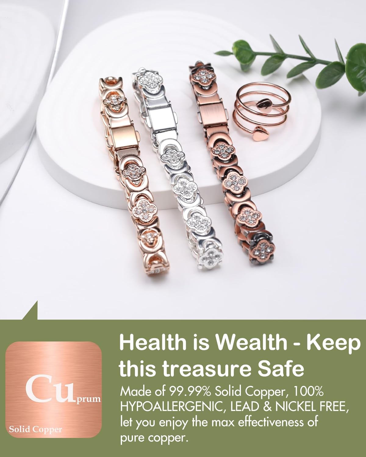 Feraco Pure Copper Bracelets & Rings for Women, Ultra Strength Magnetic Bracelet for Women with Neodymium Magnets & Sparkling Cubic Zirconia, Adjustable, Infinite Clover Jewelry - Image 5