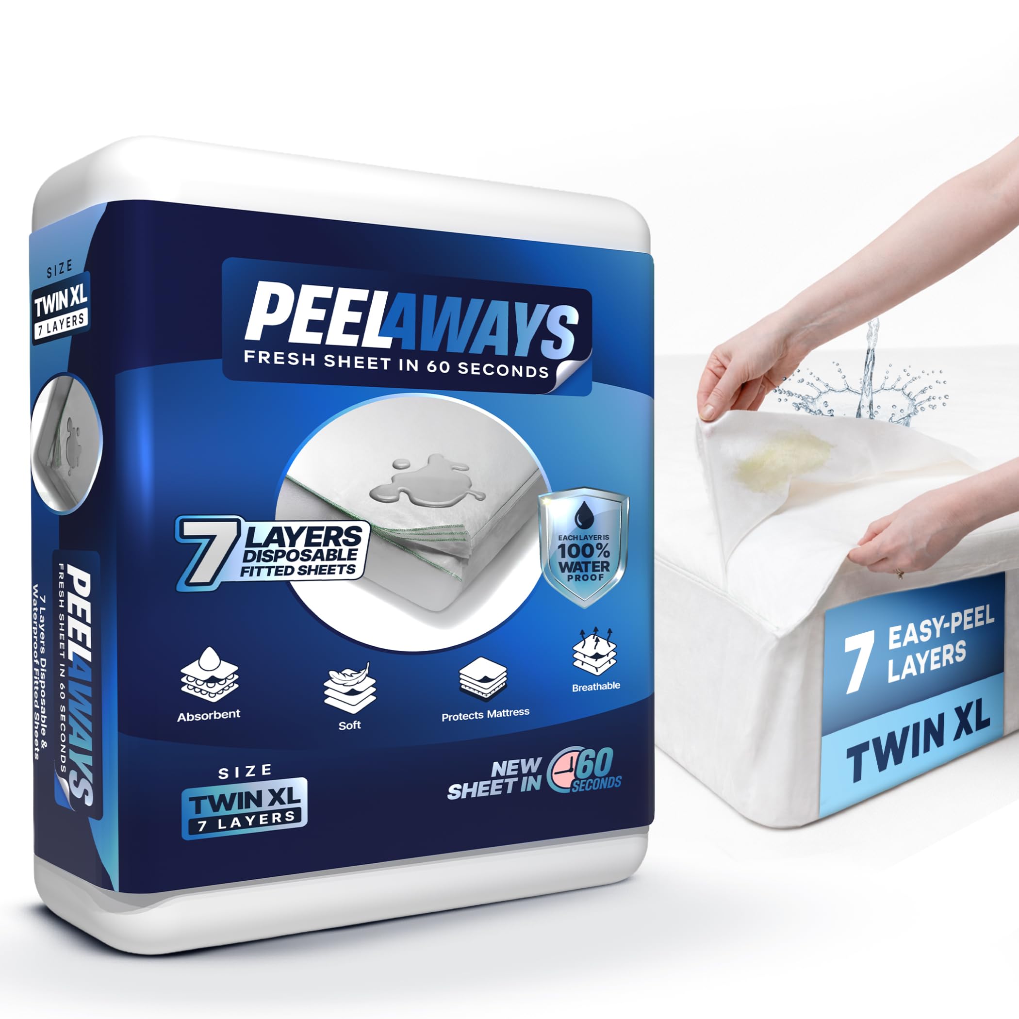 PeelAways 7-Layers | Waterproof Disposable Fitted Bed Sheets | Twin XL Size