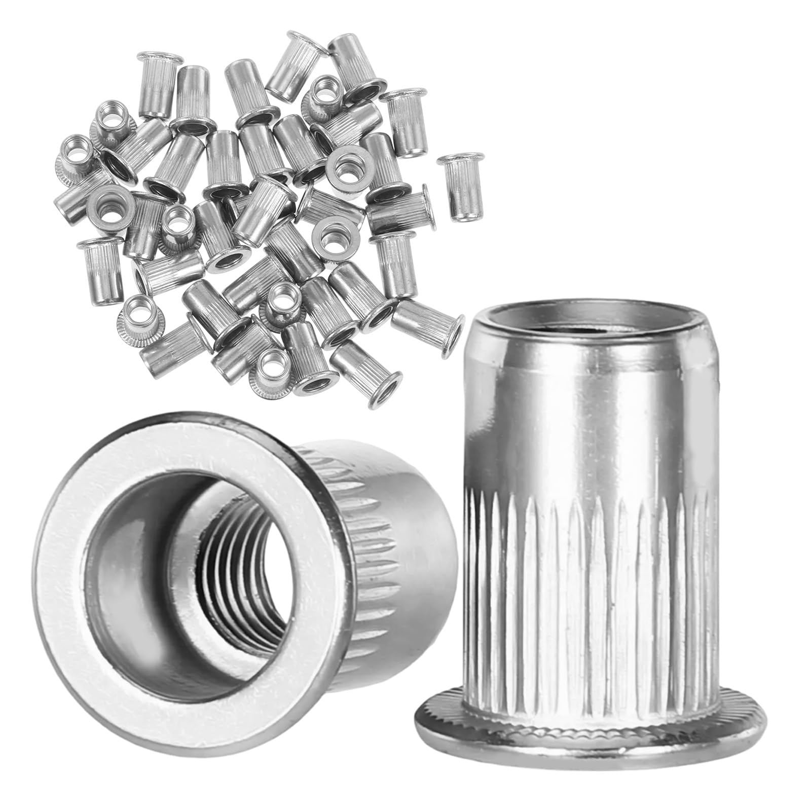 100 tuercas de remache M6 de acero inoxidable de cabeza plana moleteada, tuercas ciegas de remache para chapa, tuercas roscadas roscadas M6, casquillos roscados para materiales de paredes delgadas
