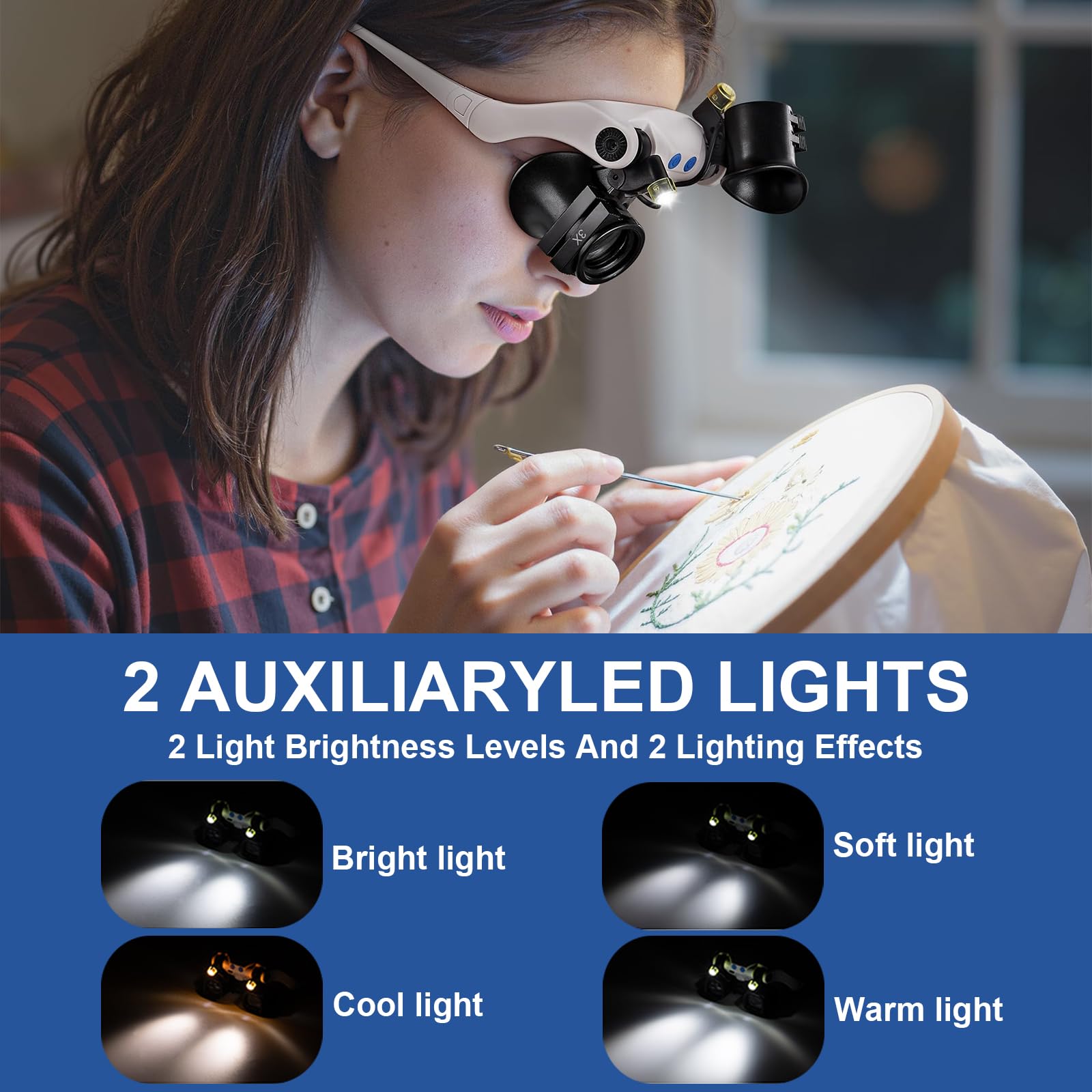 Loupe Frontale avec Lumière,7 Paires de Lentilles Interchangeables (3X-15X) pour Bijoutiers Réparation Montres - Lunettes Loupe LED Rechargeables pour Travail de Précision, Artisanat
