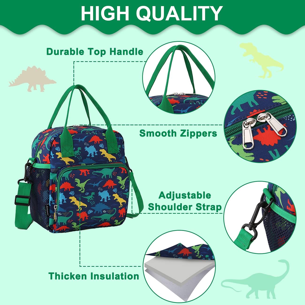 RAVUO Lunch Box for Boys, Dinosaur Insulated Lunch Bag for Kids Children Cute Insulated Cooler Thermal Meal Tote Kit with Handle and Detachable Shoulder Strap