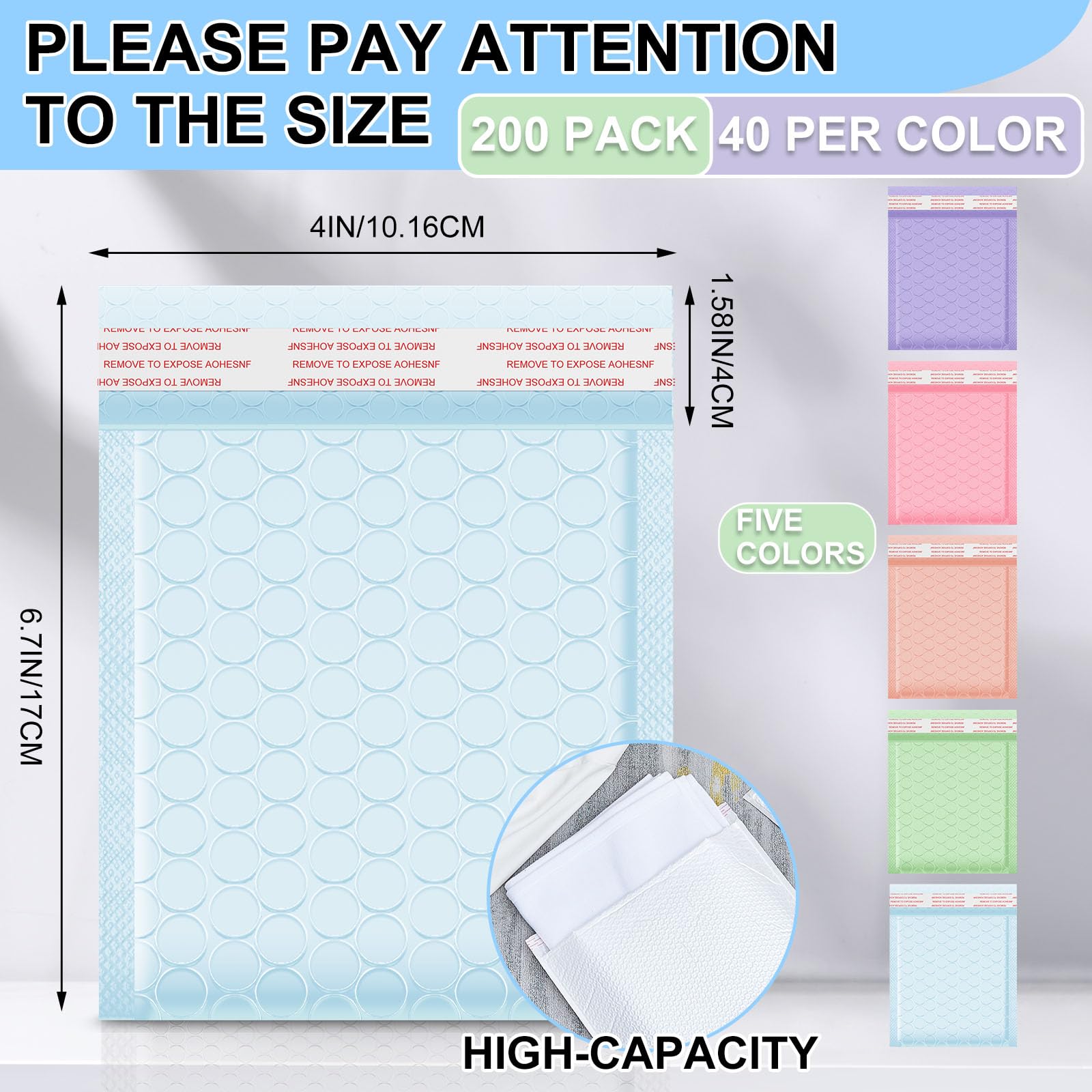 Gueevin 200 Pcs Bubble Mailer 4 x 6 Inch Small Shipping Bags Waterproof Padded Envelopes Self Adhesive Poly Bubble Packaging Envelopes Bulk for Shipping Mailing Trading Card Packaging (Pastel Color)