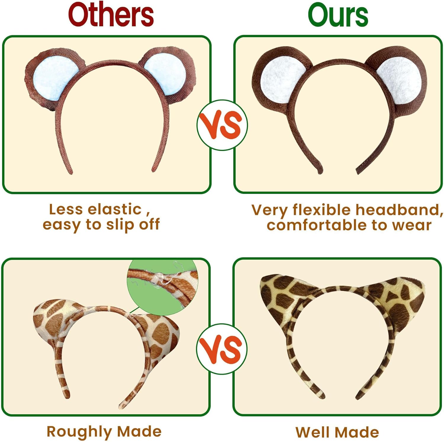 16Pcs Jungle Animal Ears Headbands as Safari Party Favors Wild One Birthday Decorations Plush Animal Headpiece for Kids Adults