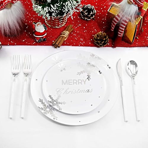 Miniatura 5 de WDF 50 platos de plástico plateados, platos de plástico de copo de nieve, platos desechables blancos y plateados pesados para Navidad