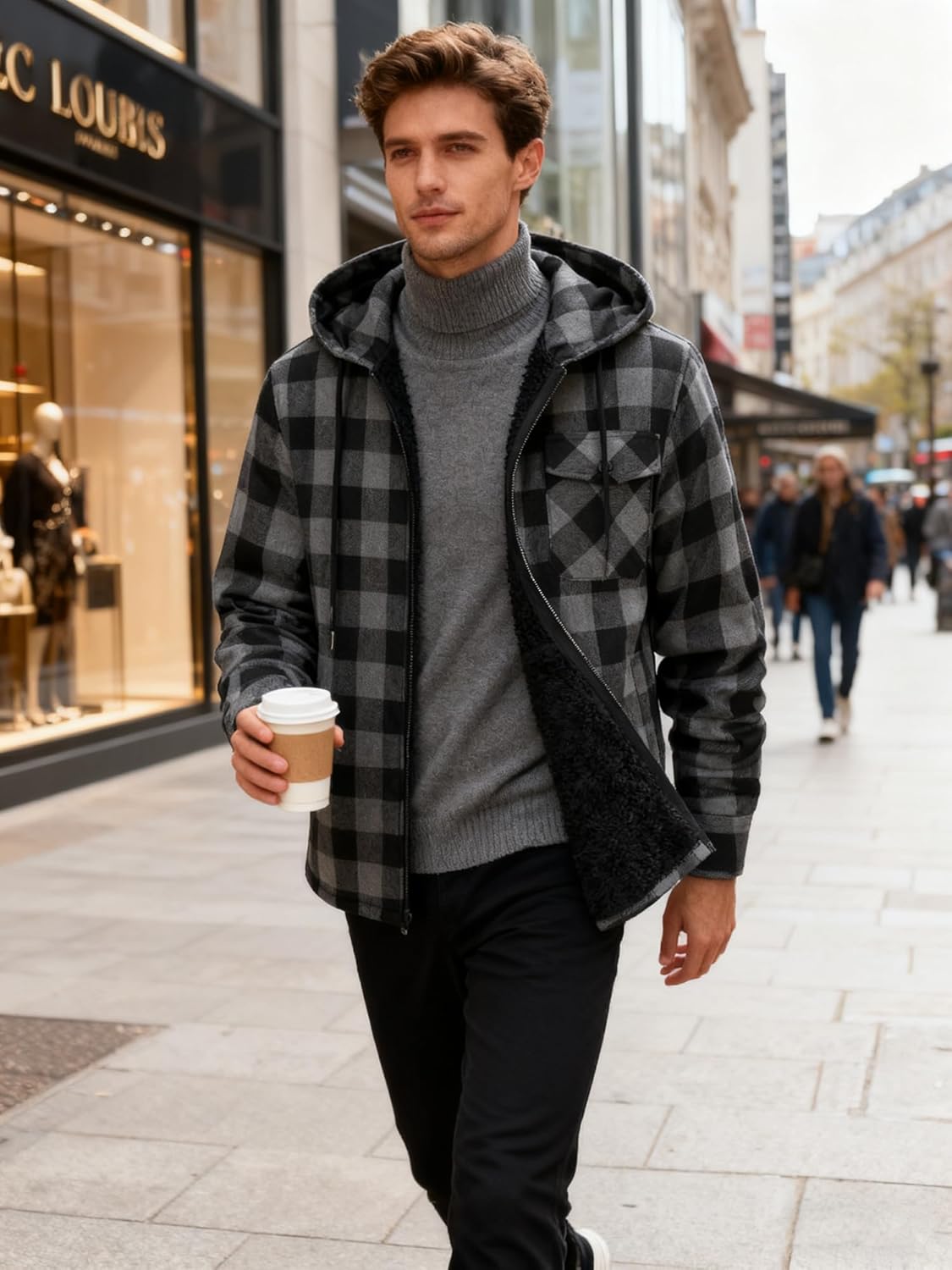 ZITY Mens Cotton Plaid Shirts Jacket Flannel Fleece Lined Hoodies Sherpa Zip Up Hoodie with Pocket - Image 3