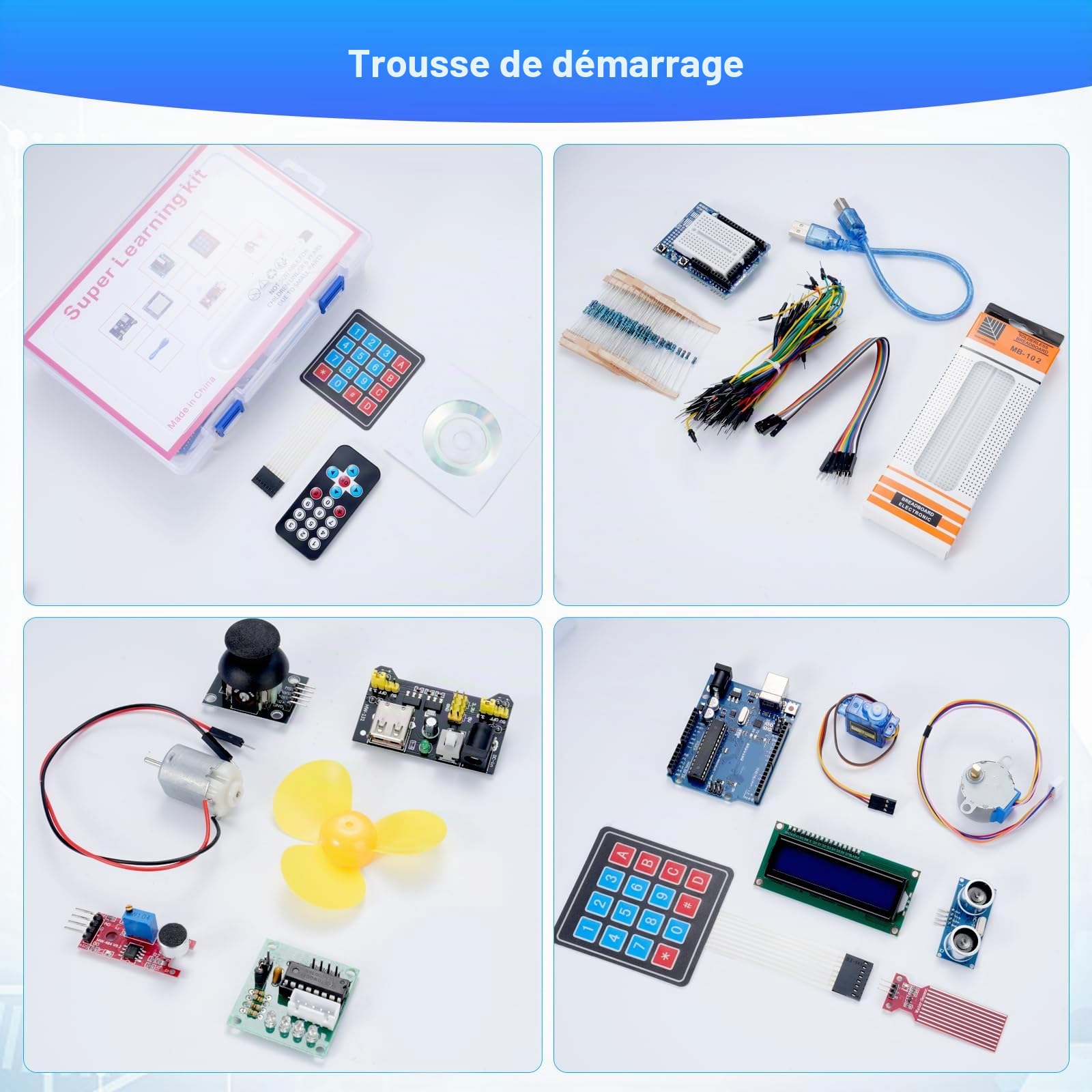 Kit de démarrage avec kit électronique Arduino y compris modules Rev3, relais, servo 9G, planche d'essai, différentes LED, capteur, résistance compatible avec le kit de démarrage Arduino avec