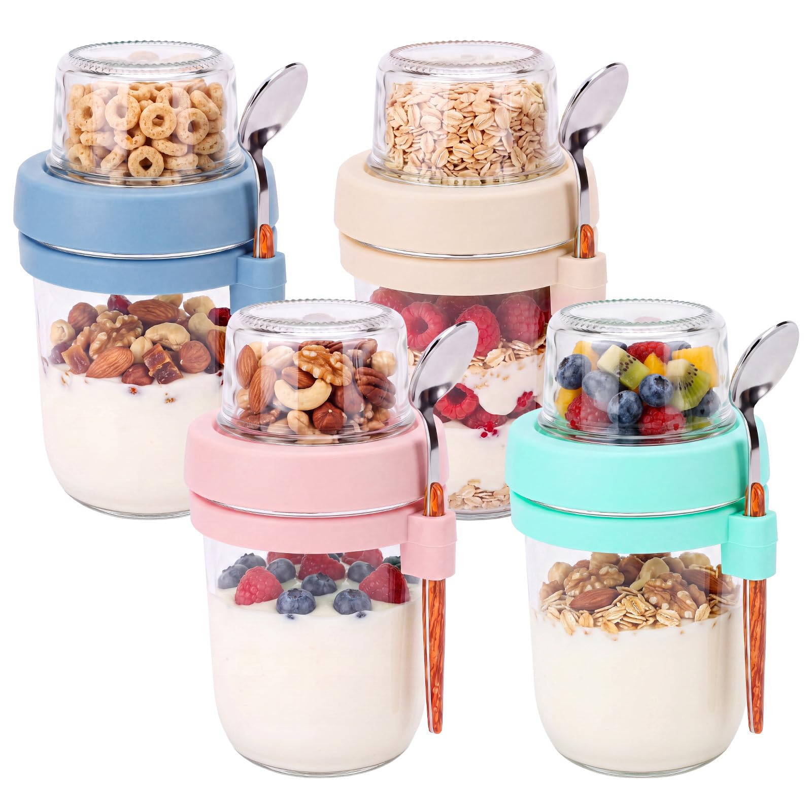 4 Pack Glass Overnight Oats Jars, 2 Layer, 480ml+120ml, Leakproof Snack Pot with Spoon, Airtight Yogurt Containers, Separation Meal Prep Jars for Oatmeal Chia Pudding Salad Breakfast Snack Travel