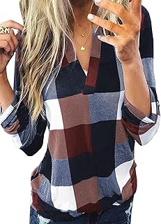 Blusa casual de manga larga con puños y cuello en V para mujer, camisas de algodón con estampado a cuadros, tallas S a 5XL