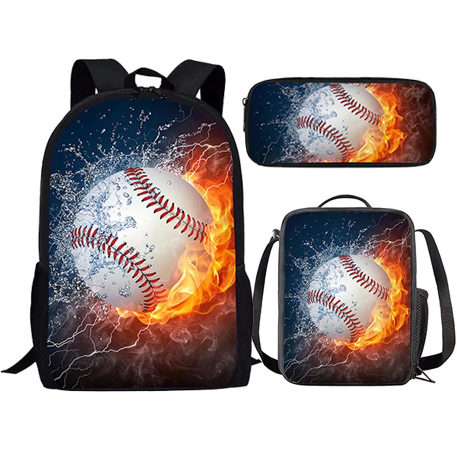 Suobstales Baseball Flame School Backpack for Kids Boys Gifts School Bag Set with Lunch Box Pencil Case,Cool Bookbag Teen Student Back Packs Satchel