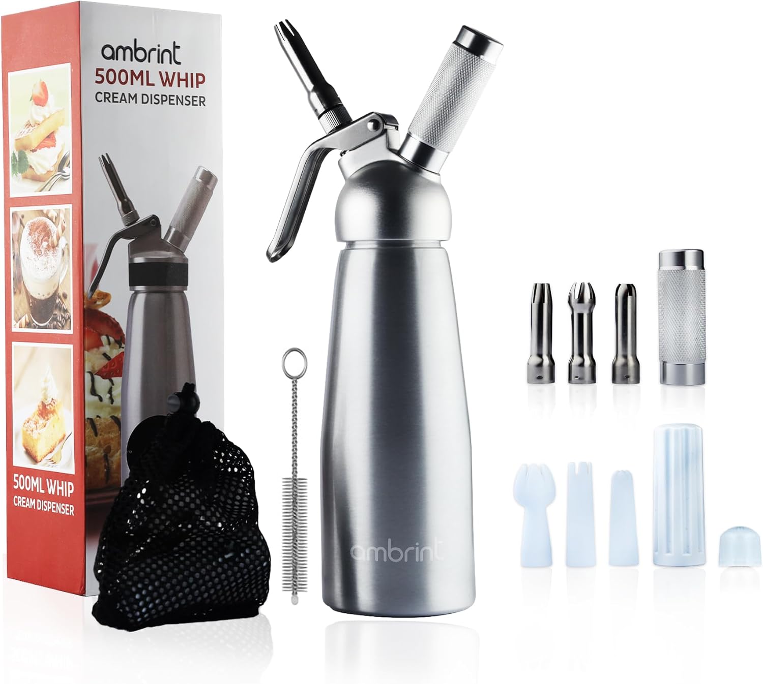 Ambrint ホイップクリームディスペンサー - 高耐久アルミニウムキャニスター 6つのデコレーションノズル(ステンレススチール&
