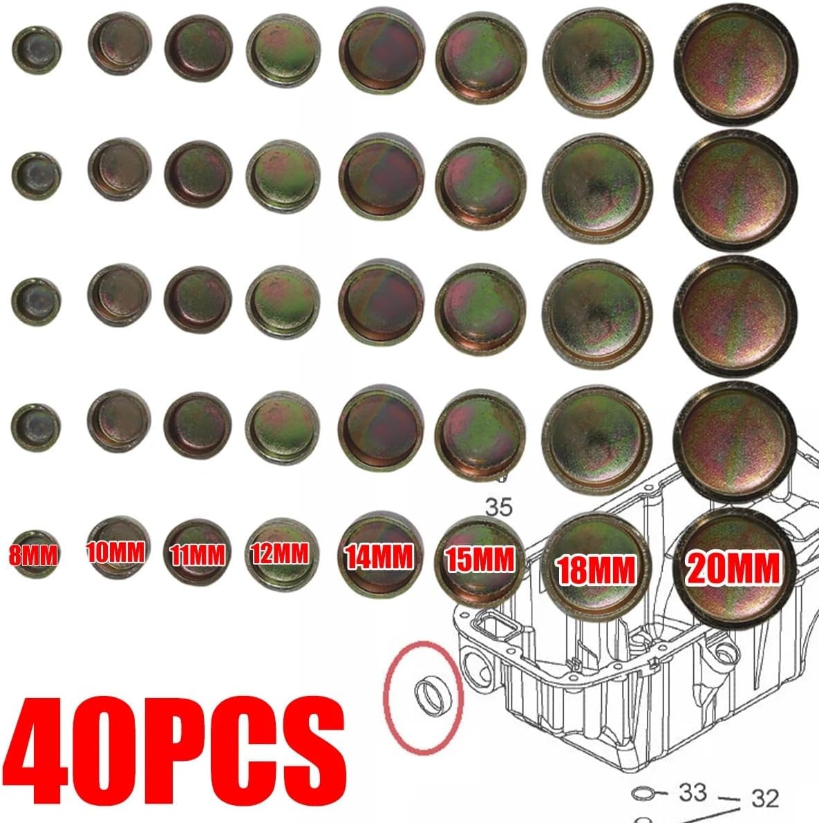 40pcs Engine Core Plug 8-20mm Freeze Expansion Plug Cover Zinc Plated Cup Cylinder Head Block cap Spare Replacement parts