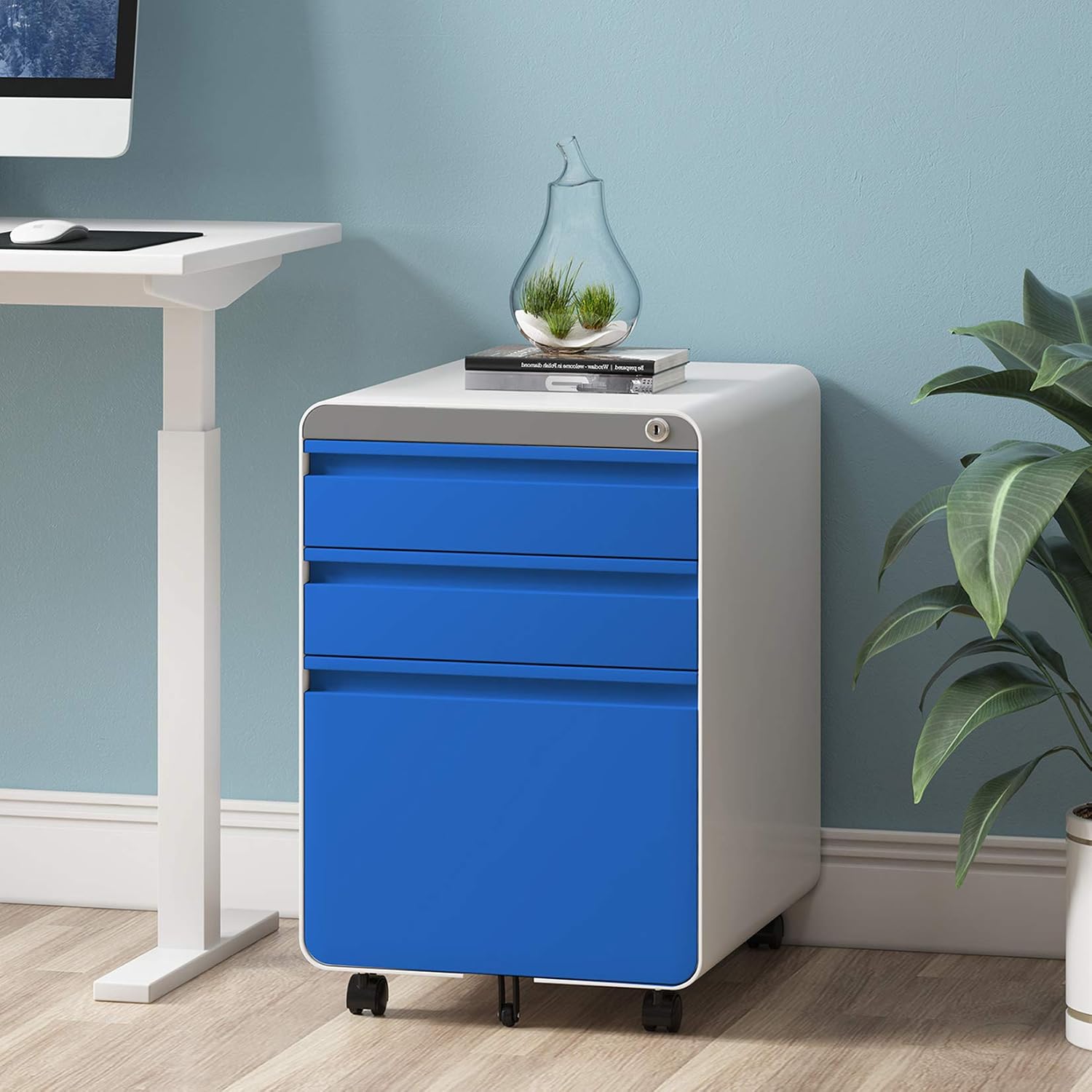 Dprodo 3 Drawers Mobile File Cabinet with Lock, Metal Filing Cabinet for Legal & Letter Size, Locking File Cabinet for Home & Office Full-Extension Drawers Printer Stand, Blue